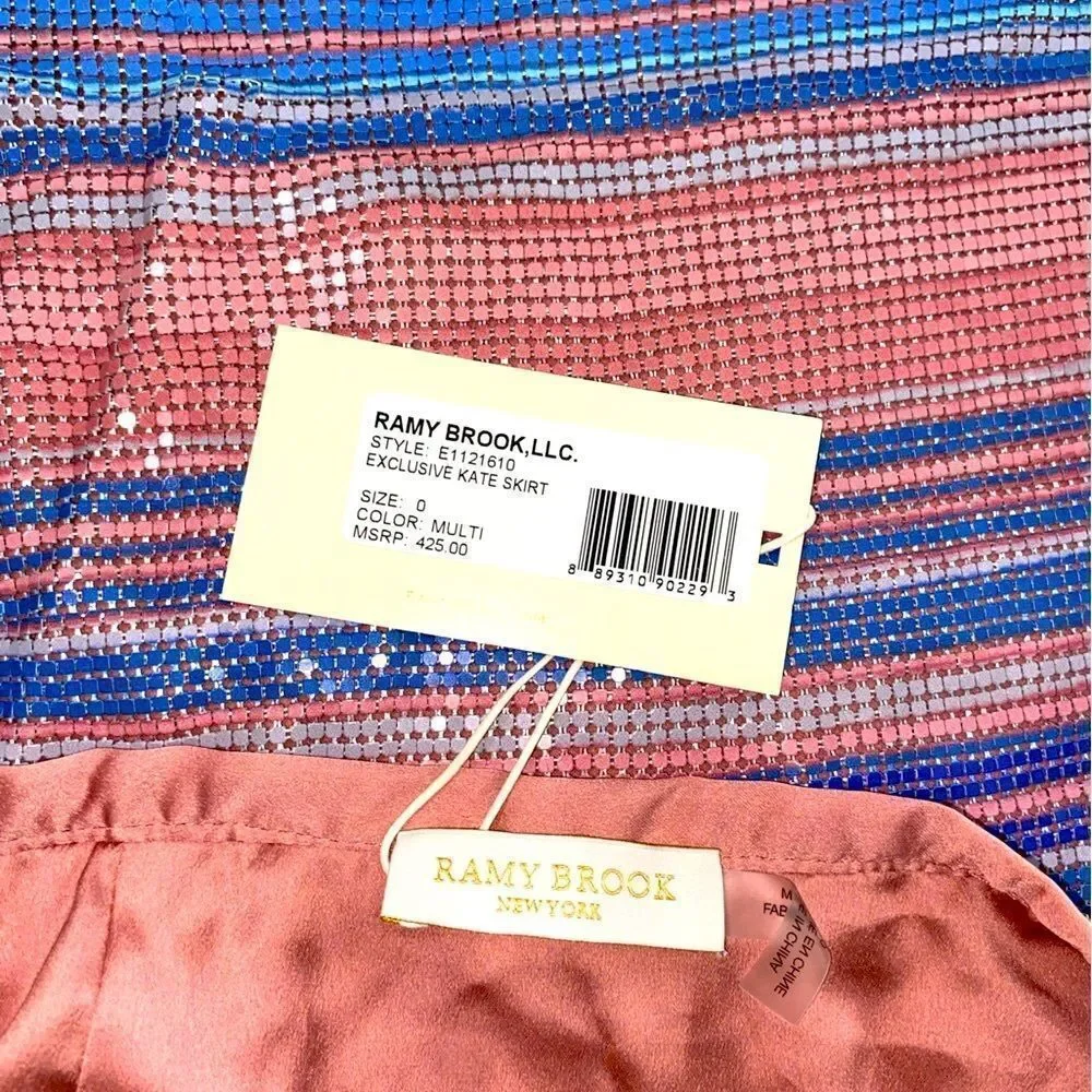 RAMY BROOK Skirt NWT Kate exclusive Chainmail Metallic Satin Mini Pink Blue XS